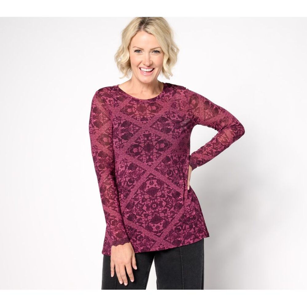 SUNNYLiFE Women's Top Plus Sz 5X Crew Neck Printed Mesh wLace Trim Purple